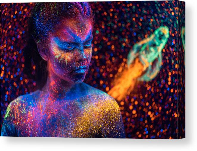 Art Canvas Print featuring the photograph Young Space Woman with Luminous Body Painting on Starry Sky Backdrop by Mordolff