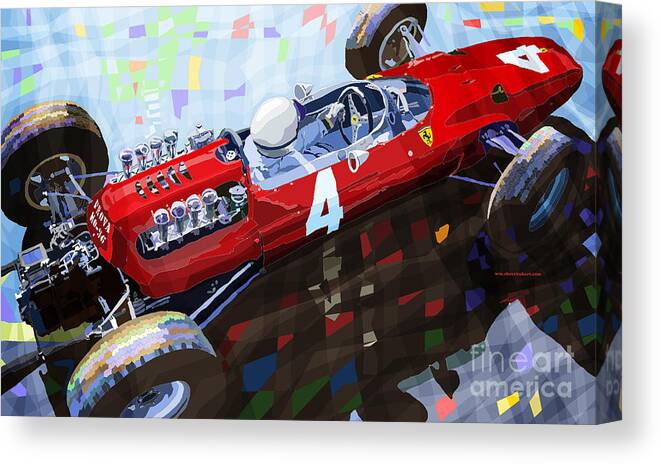 Automotive Canvas Print featuring the mixed media 1965 British Grand Prix Silverstone Lorenzo Bandini Ferrari 158 by Yuriy Shevchuk