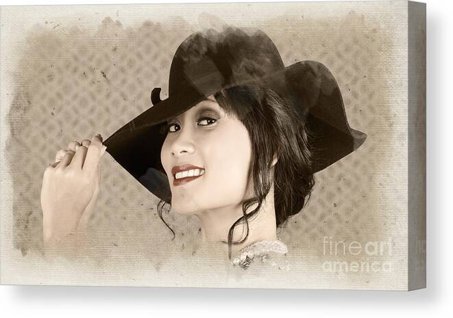 Vintage Canvas Print featuring the photograph Vintage fashion portrait. Woman in wide brim hat #1 by Jorgo Photography