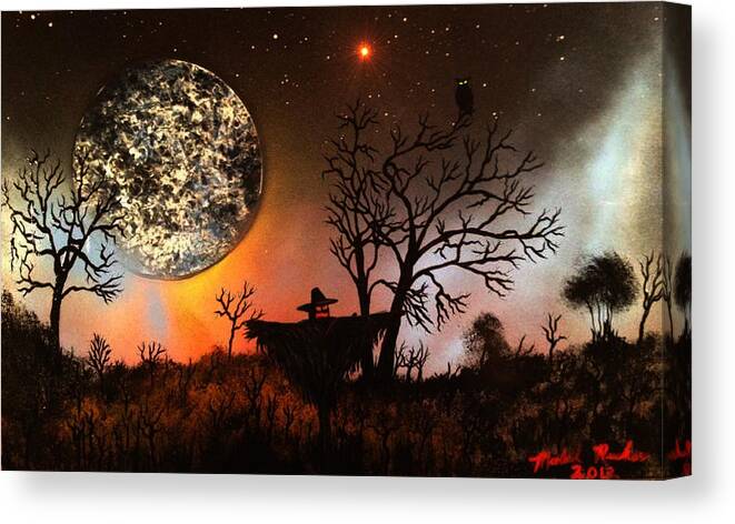 Scarecrow Canvas Print featuring the painting Night of the Scarecrow by Michael Rucker