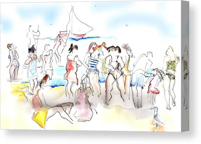 Beach Canvas Print featuring the painting A Busy Day at the Beach by Carolyn Weltman