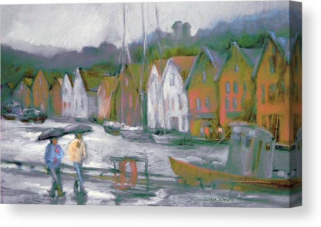 Bergen Canvas Print featuring the pastel Bergen Bryggen in the Rain by Joan Jones