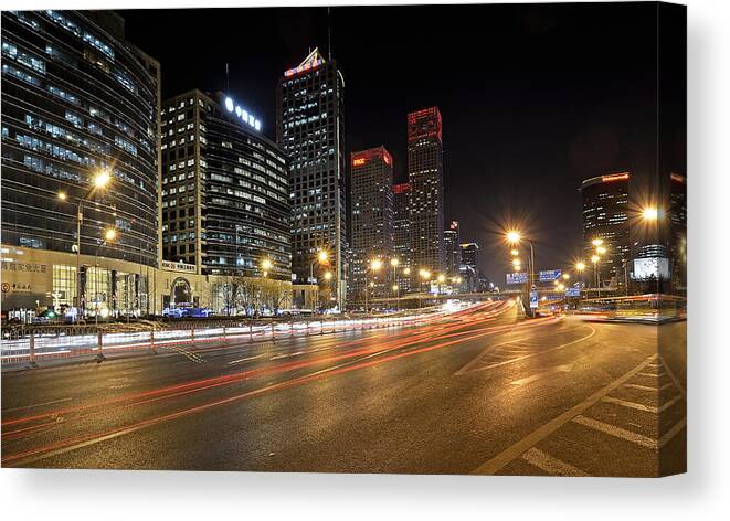 central Business District Canvas Print featuring the photograph Busy Beijing Night - Central Business District by Brendan Reals