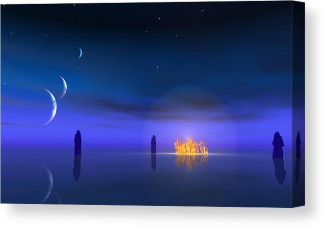 Fire Canvas Print featuring the digital art Figures approach fire in the night on other world by Bruce Rolff