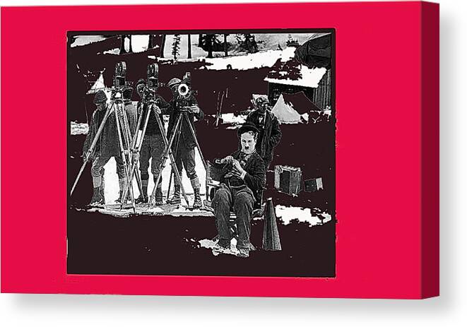 Film Homage Charles Chaplin The Gold Rush 1925 Camera Crew Collage 2010 Color Added Canvas Print featuring the photograph Film homage Charles Chaplin The Gold Rush 1925 camera crew collage 2010 by David Lee Guss