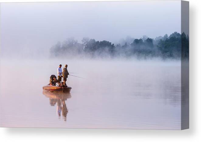 Fishing Canvas Print featuring the photograph Fishing On Foggy Lake by ??? / Austin