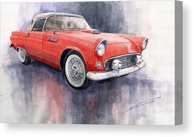 Watercolor Canvas Print featuring the painting Ford Thunderbird 1955 Red by Yuriy Shevchuk