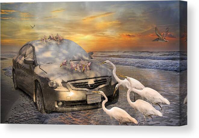 Nissan Canvas Print featuring the mixed media Grateful Friends Curious Egrets by Betsy Knapp