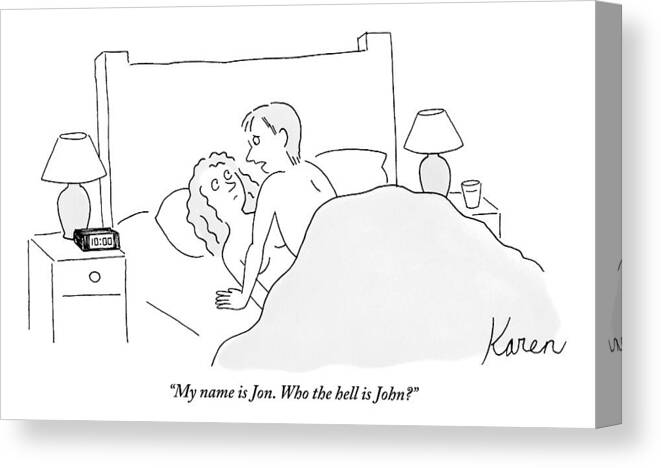 Bedroom Scenes Canvas Print featuring the drawing In The Middle Of Having Sex by Karen Sneider