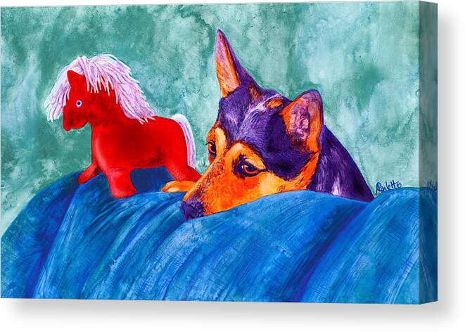 Dog Canvas Print featuring the painting Jack and Red Horse by Ann Ranlett