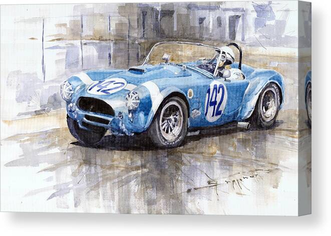 Watercolor Canvas Print featuring the painting Phil Hill AC Cobra-Ford Targa Florio 1964 by Yuriy Shevchuk