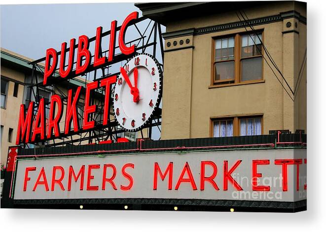 Seattle Canvas Print featuring the photograph Pike Place Farmers Market Sign by Tap On Photo
