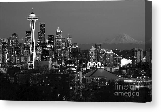 Seattle Canvas Print featuring the photograph Seattle Skyline At Night Monochrome by Bob Christopher
