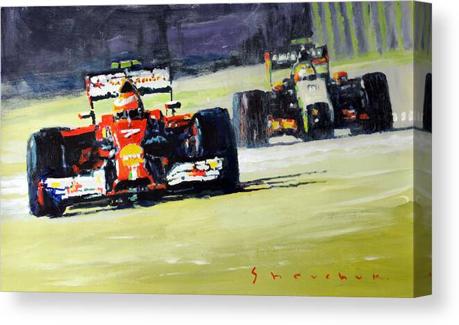 Acrylic On Paper Canvas Print featuring the painting 2014 Singapore GP Raikkonen Scuderia Ferrari F14 T Perez Sahara Force India F1 by Yuriy Shevchuk