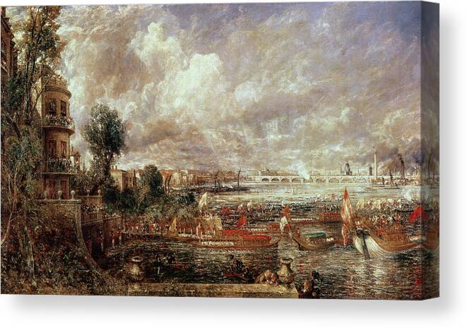 River Thames Canvas Print featuring the photograph The Opening Of Waterloo Bridge, Whitehall Stairs, 18th June 1817 Oil On Canvas by John Constable