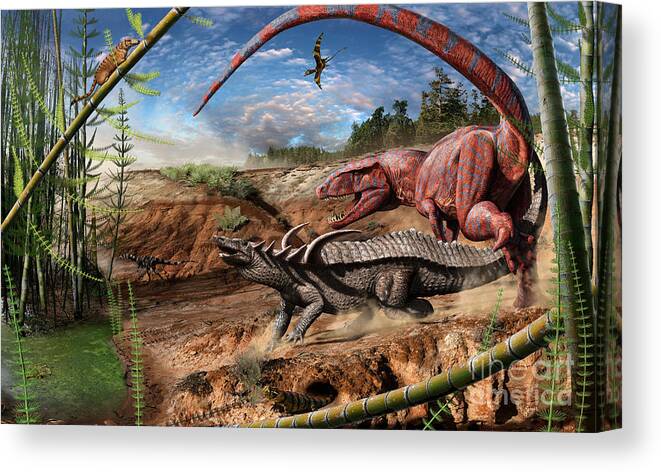 Dinosaur Canvas Print featuring the digital art Triassic Scene 2 by Julius Csotonyi