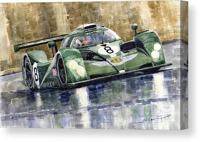 Watercolor Canvas Print featuring the painting Bentley Prototype EXP Speed 8 Le Mans racer car 2001 by Yuriy Shevchuk