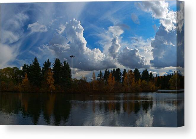 Panorama Canvas Print featuring the photograph Central Pond Hawrelak Park Edmonton by David Kleinsasser