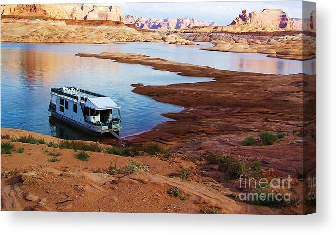 Lake Powell Canvas Print featuring the photograph Lake Powell Houseboat by Michele Penner