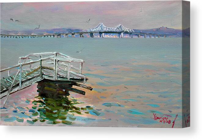 Deck Canvas Print featuring the painting The Old Deck and Tappan Zee Bridge by Ylli Haruni
