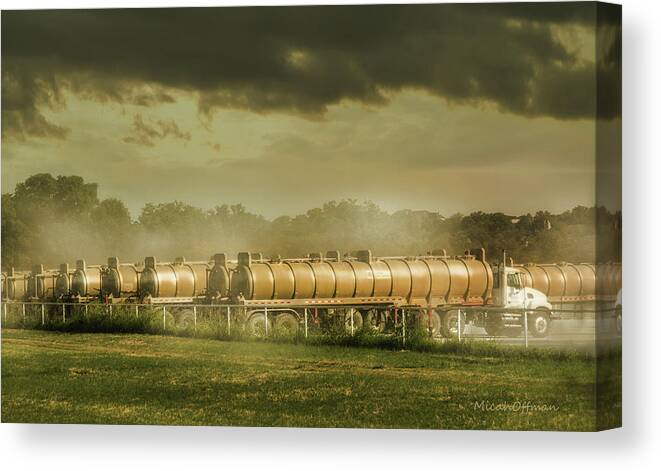 Tank Trucks Canvas Print featuring the photograph 12 Tank Trucks Warming Up by Micah Offman
