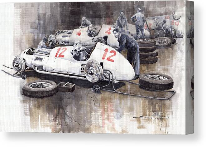 Watercolour Canvas Print featuring the painting 1938 Italian GP Mercedes Benz Team preparation in the paddock by Yuriy Shevchuk