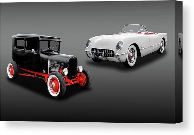 Frank J Benz Canvas Print featuring the photograph 1954 Chevy Corvette And A 1928 Ford Sedan - 1954VETTE1928FDSED6868 by Frank J Benz