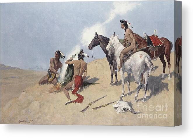 The Smoke Signal Canvas Print featuring the painting The Smoke Signal by Frederic Remington