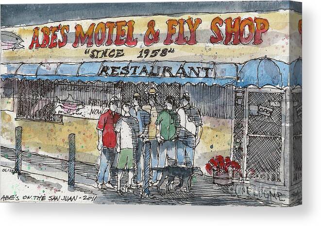 Illustration Canvas Print featuring the painting Abes Motel and Fly Shop by Tim Oliver