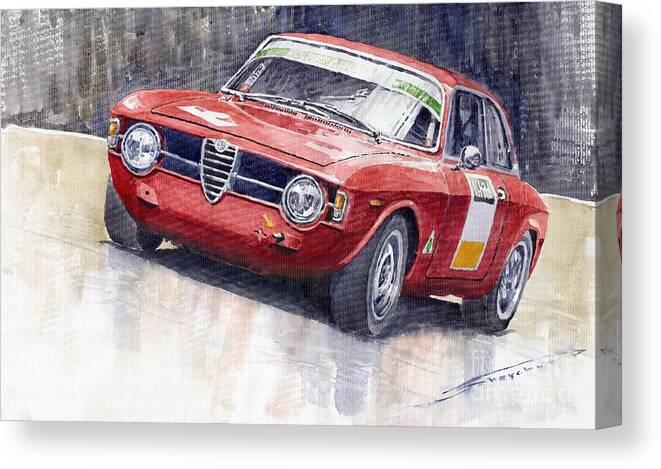 Watercolor Canvas Print featuring the painting Alfa Romeo Giulie Sprint GT 1966 by Yuriy Shevchuk
