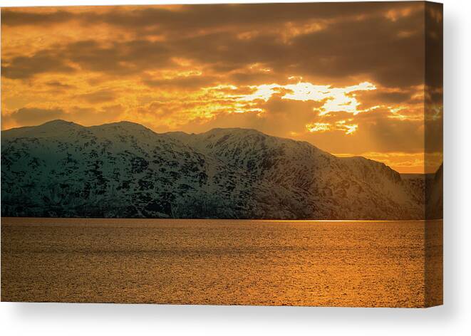 Landscape Canvas Print featuring the photograph Altafjord Snowy Peaks at Sunset by Adam Rainoff