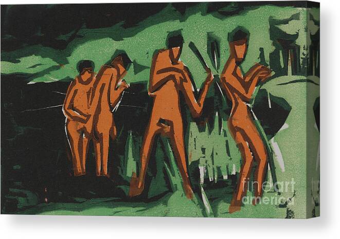 Bathers Tossing Reeds Canvas Print featuring the painting Bathers tossing reeds by Ernst Ludwig Kirchner