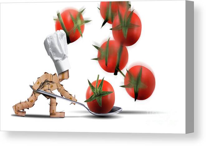 Kitchen Canvas Print featuring the digital art Cute chef box character catching tomatoes by Simon Bratt