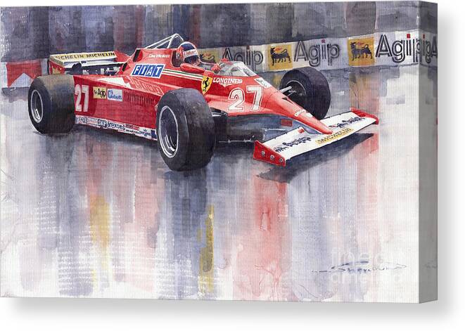 Watercolour Canvas Print featuring the painting Ferrari 126C 1981 Monte Carlo GP Gilles Villeneuve by Yuriy Shevchuk