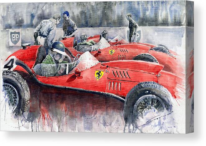 Car Canvas Print featuring the painting Ferrari Dino 246 F1 1958 Mike Hawthorn French GP by Yuriy Shevchuk