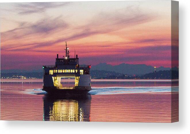 Sunrise Canvas Print featuring the photograph Ferry Issaquah Docking at Dawn by E Faithe Lester