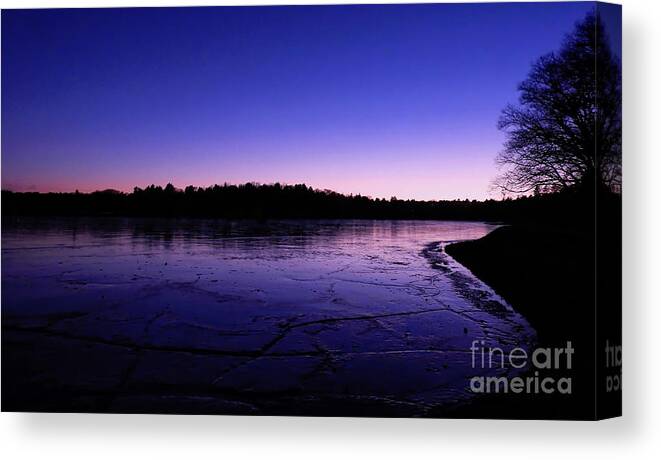 Frozen Landscape Of The Chestnut Hill Reservoir During Winter Twilight. Canvas Print featuring the photograph Frozen Twilight by Beth Myer Photography