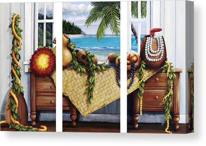 Acrylic Canvas Print featuring the painting Hawaiian Still Life with Haleiwa on My Mind by Sandra Blazel - Printscapes