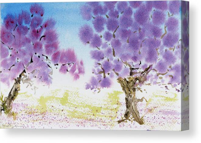 Argentina Canvas Print featuring the painting Jacaranda trees blooming in Buenos Aires, Argentina by Dorothy Darden