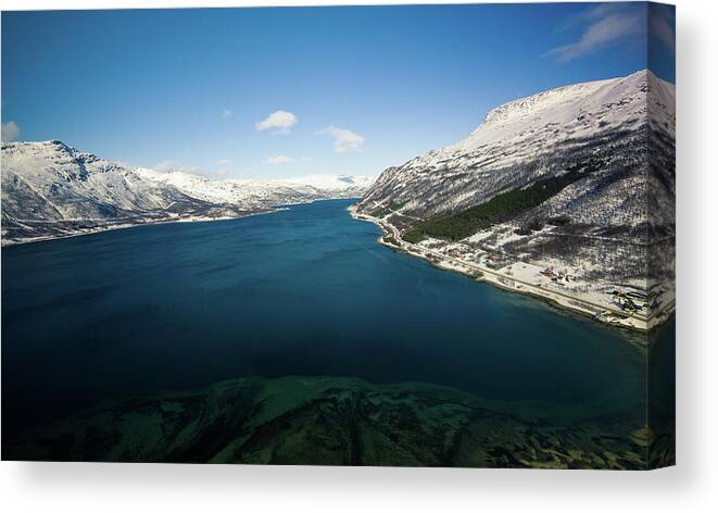 Dji Canvas Print featuring the photograph Langfjorden Aerial Langfjordbotn Finnmark Norway by Adam Rainoff
