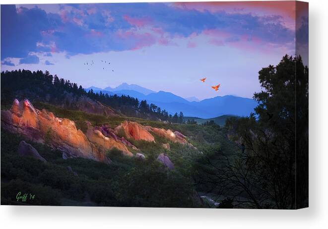 Colorado Canvas Print featuring the digital art Longs Peak and Glowing Rocks by J Griff Griffin