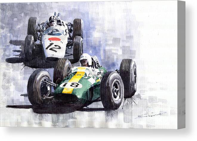 Watercolour Canvas Print featuring the painting Lotus vs Honda Mexican GP 1965 by Yuriy Shevchuk