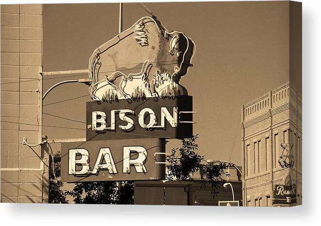 America Canvas Print featuring the photograph Miles City, Montana - Bison Bar Sepia by Frank Romeo