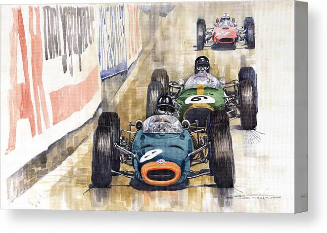 Watercolour Canvas Print featuring the painting Monaco GP 1964 BRM Brabham Ferrari by Yuriy Shevchuk