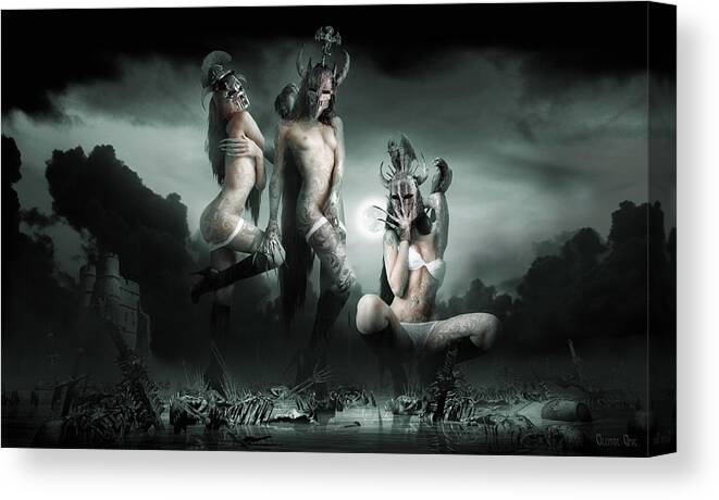 Goth Valkyrie Mythology Medieval History Scandinavian Valkyries Supernatural Gothic Fantasy Landscape Female Creature Evil Killer Warrior Dressed Cadaver Outline Darkness Skull Skeleton Swamp Bones Mire Carcass Artist Digital 3d Photography Matte Painting Computer Canvas Print featuring the digital art Moonlight Bathing Valkyries by George Grie