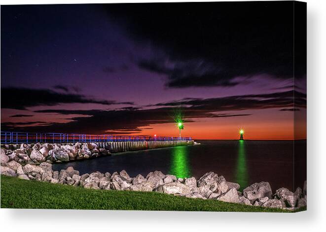 Lake Michigan Canvas Print featuring the photograph Pier and Lighthouse by Lester Plank