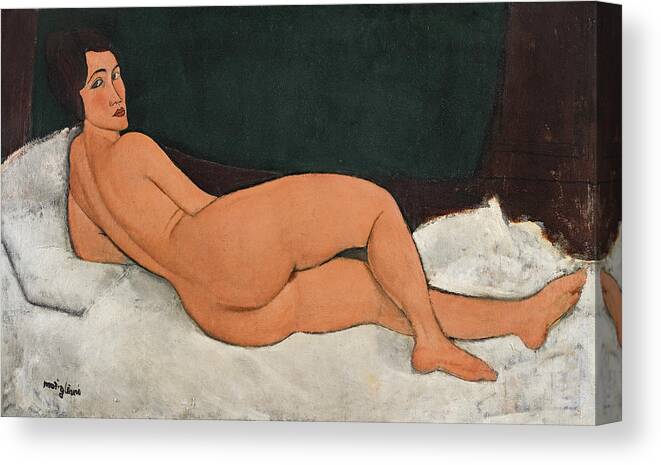 Amedeo Modigliani Canvas Print featuring the painting Reclining Nude on the left side by Amedeo Modigliani
