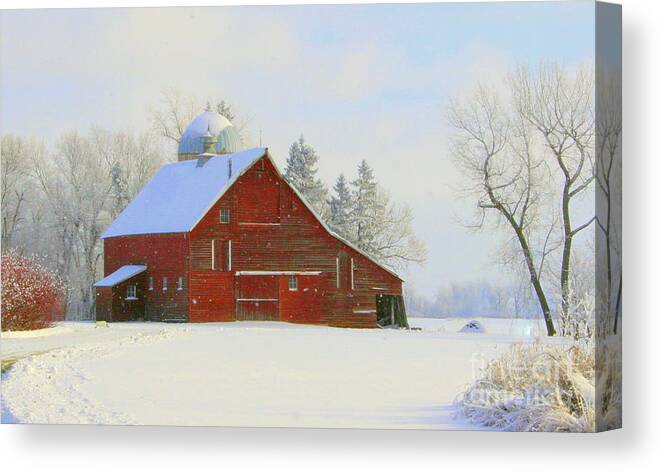 Red Barn Canvas Print featuring the photograph Red Barn in the Snow by Julie Lueders 