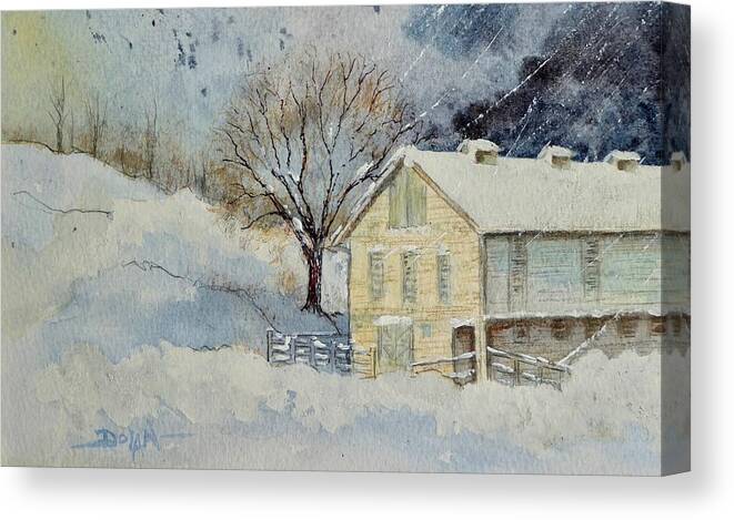 Farm Canvas Print featuring the painting Rockville Farm in Snowstorm by Pat Dolan