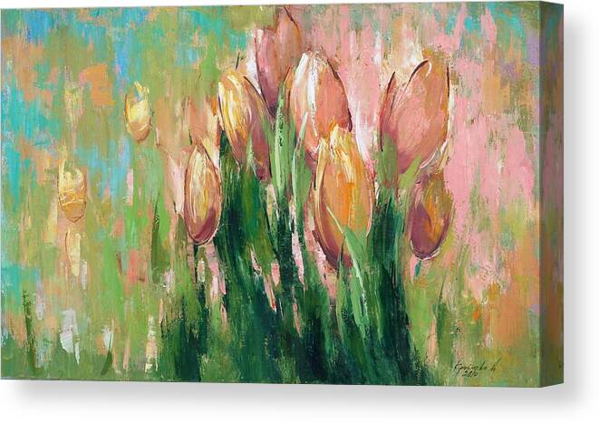 Tulips In The Grass Canvas Print featuring the painting Spring in unison by Anastasija Kraineva